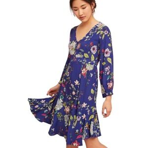 Maeve Anthropologie Blue Floral Print Maplewood Long Sleeve Dress XL